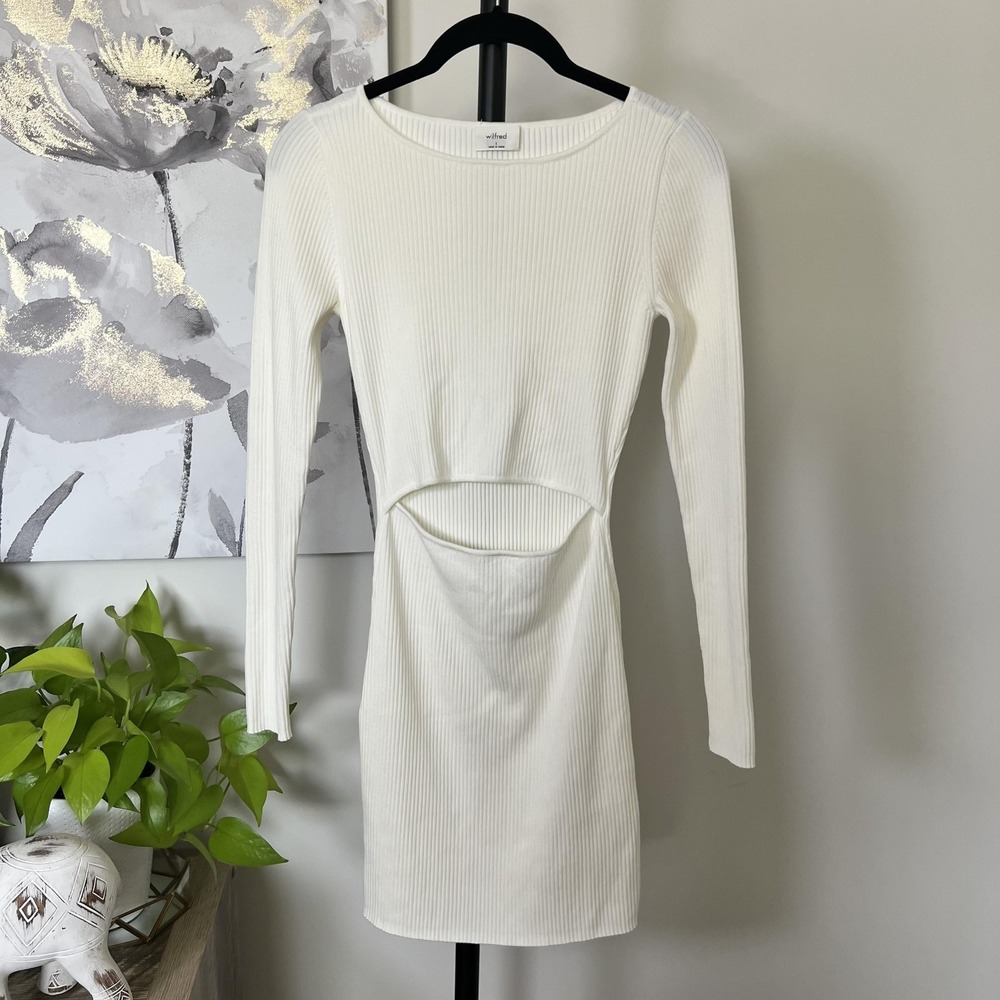 Aritzia Wilfred Dress Small White Ribbed Knit Cutout Bodycon Mini Long Sleeve